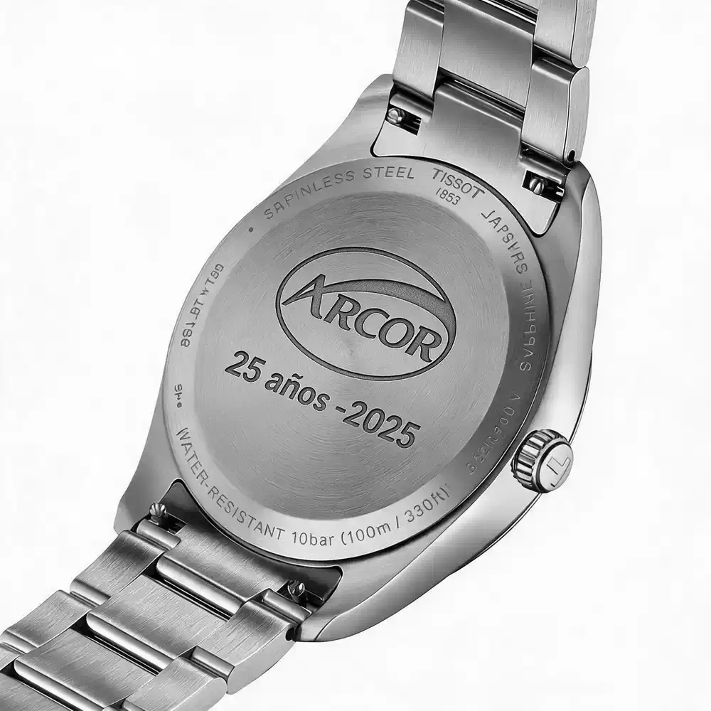 Grabado Arcor 25 años Grabado láser Arcor 25 años en tapa trasera de reloj Tissot