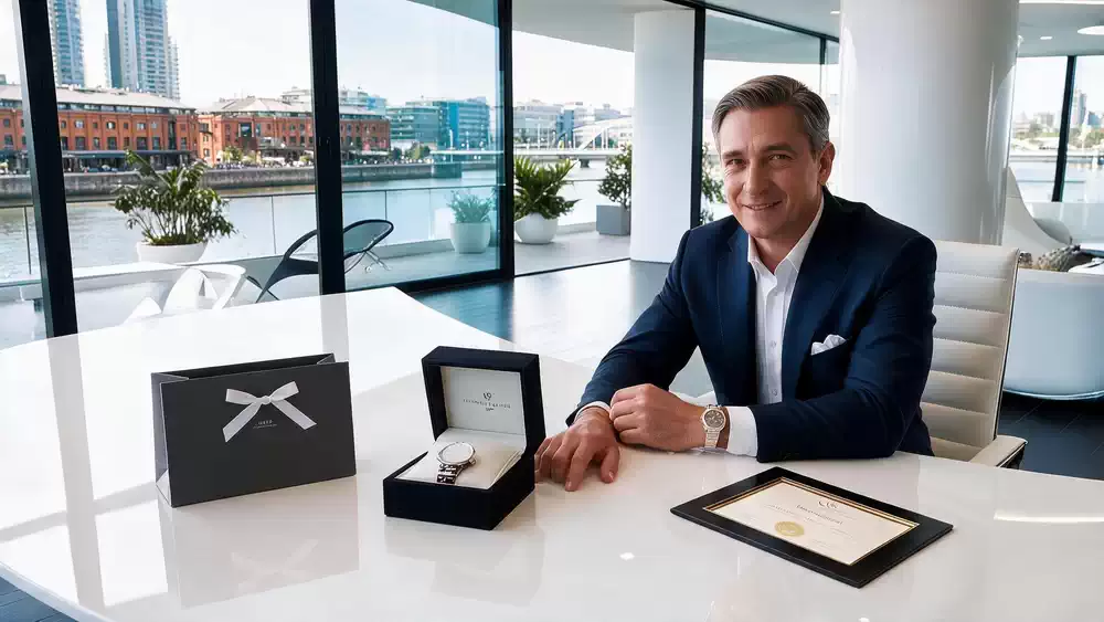 Ejecutivo recibiendo un reloj personalizado como regalo empresarial, con vista a Puerto Madero, Buenos Aires