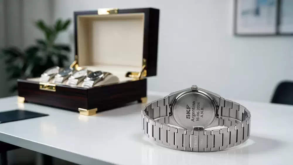 Reloj corporativo personalizado con grabado del logo de SKF Argentina, con estuche de relojes de regalo empresarial de fondo